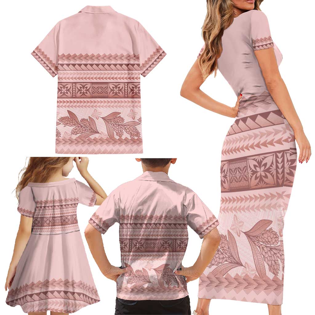 Pastel Pink Samoa Siapo Teuila Flowers Family Matching Short Sleeve Bodycon Dress and Hawaiian Shirt LT14 - Polynesian Pride