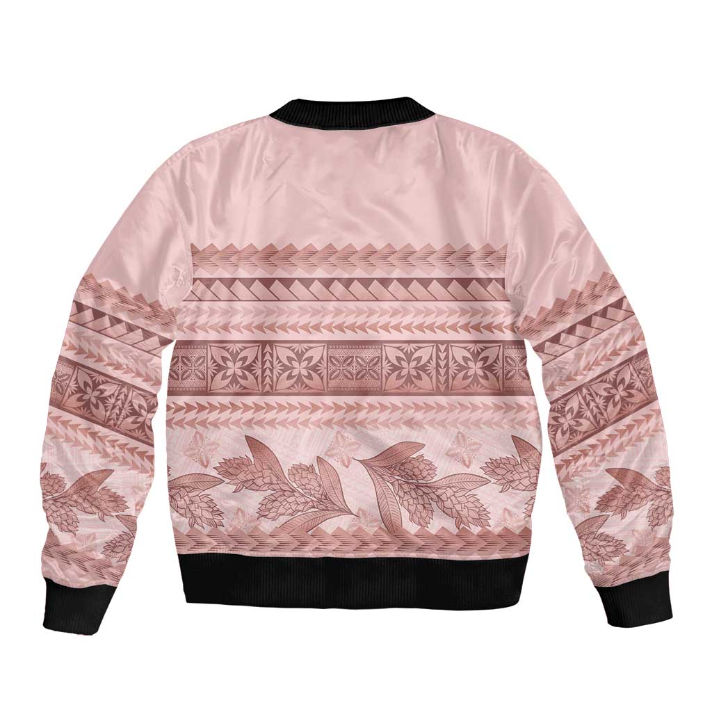 Pastel Pink Samoa Siapo Teuila Flowers Sleeve Zip Bomber Jacket - Polynesian Pride