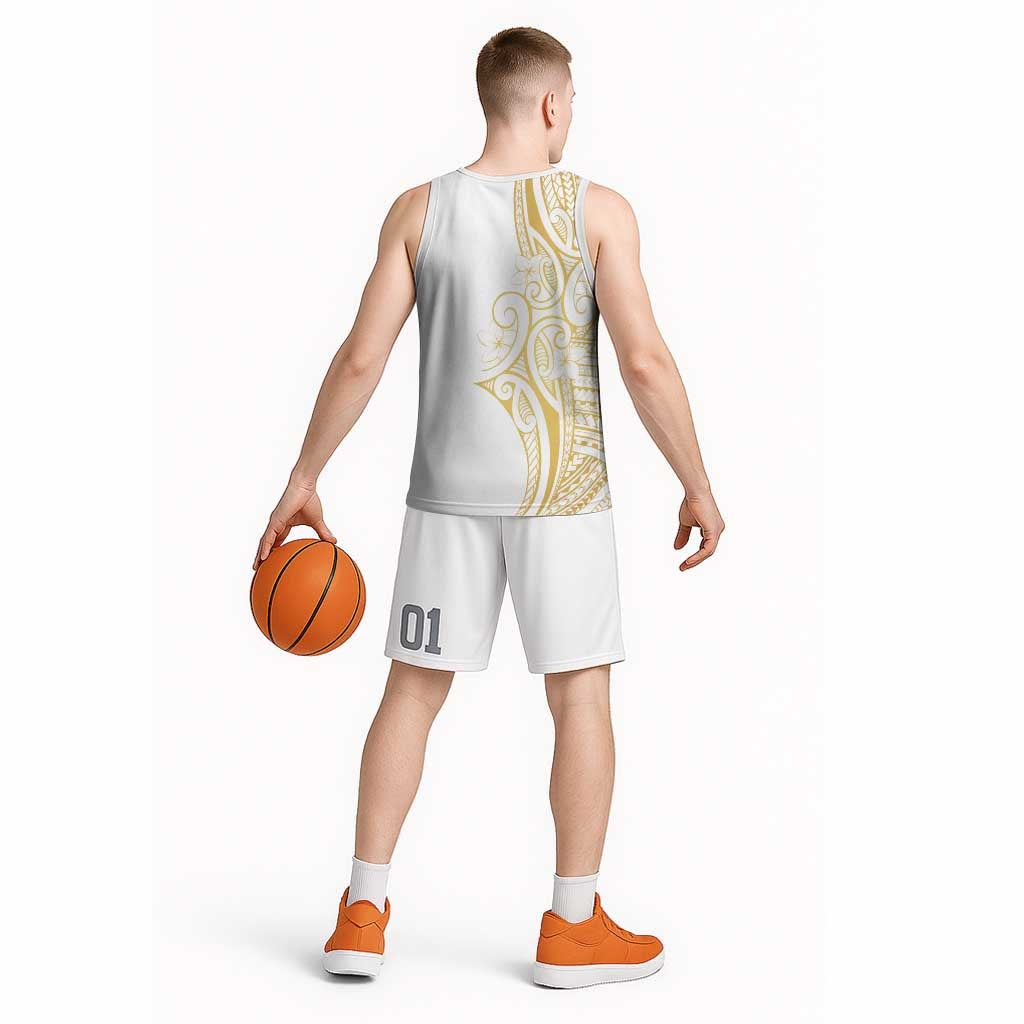 Polynesia White Sunday Basketball Jersey Plumeria Polynesian Tribal Gold Color - Polynesian Pride
