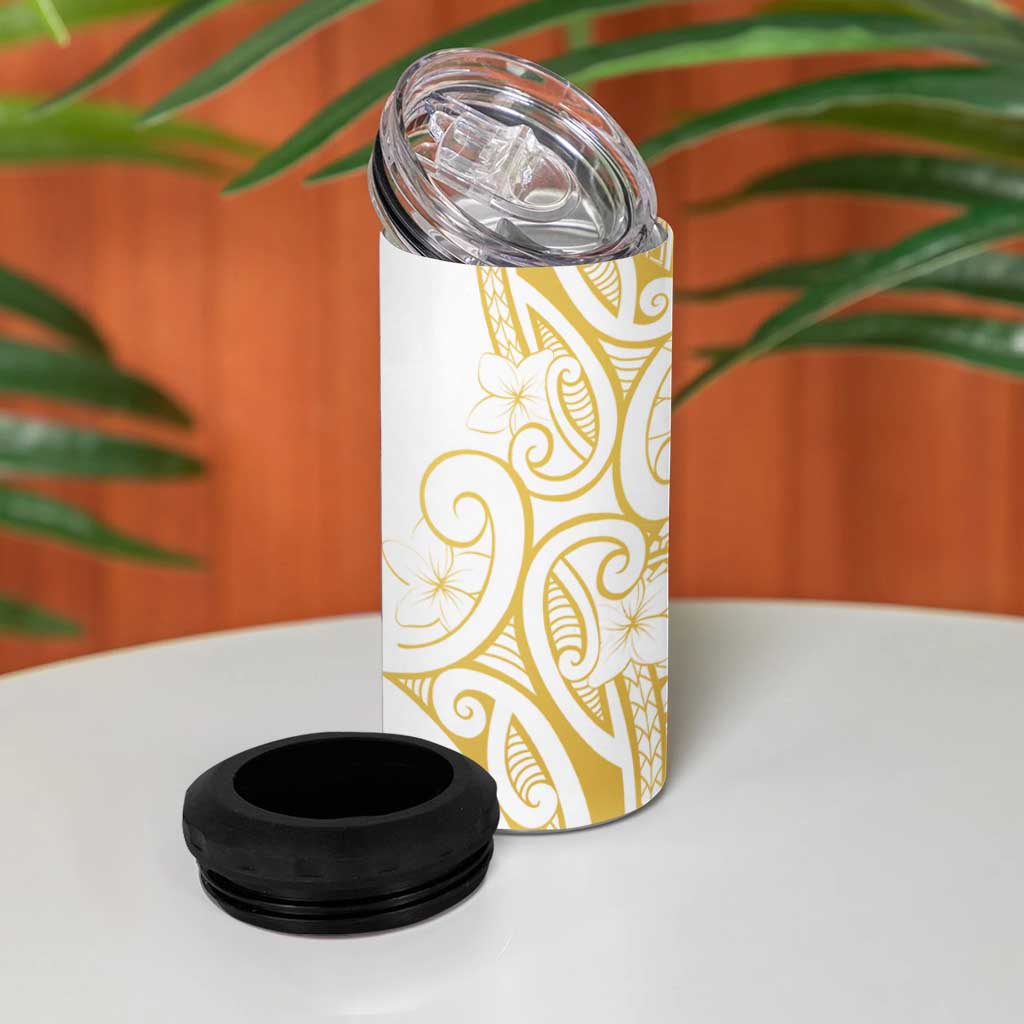 Polynesia White Sunday 4 in 1 Can Cooler Tumbler Plumeria Polynesian Tribal Gold Color LT14 - Polynesian Pride