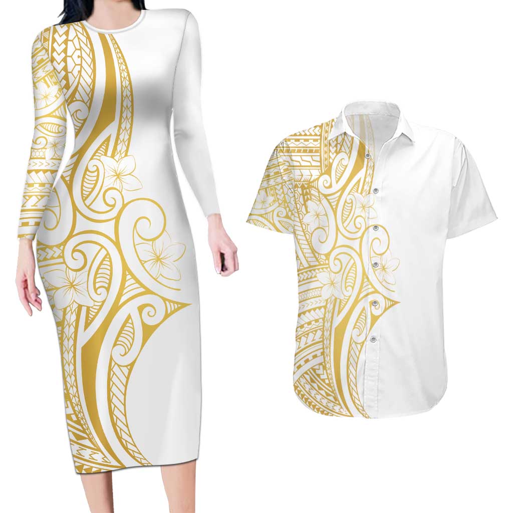 Polynesia White Sunday Couples Matching Long Sleeve Bodycon Dress and Hawaiian Shirt Plumeria Polynesian Tribal Gold Color LT14 White - Polynesian Pride
