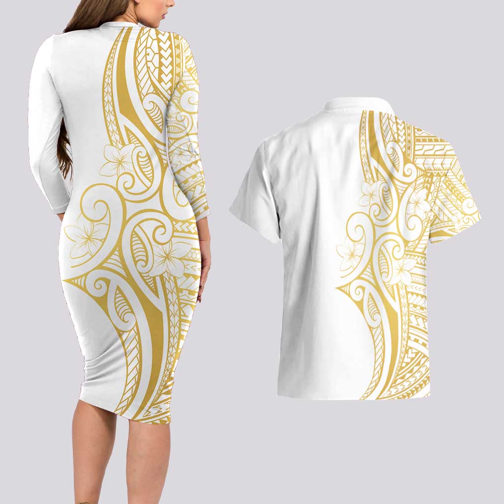 Polynesia White Sunday Couples Matching Long Sleeve Bodycon Dress and Hawaiian Shirt Plumeria Polynesian Tribal Gold Color LT14 - Polynesian Pride