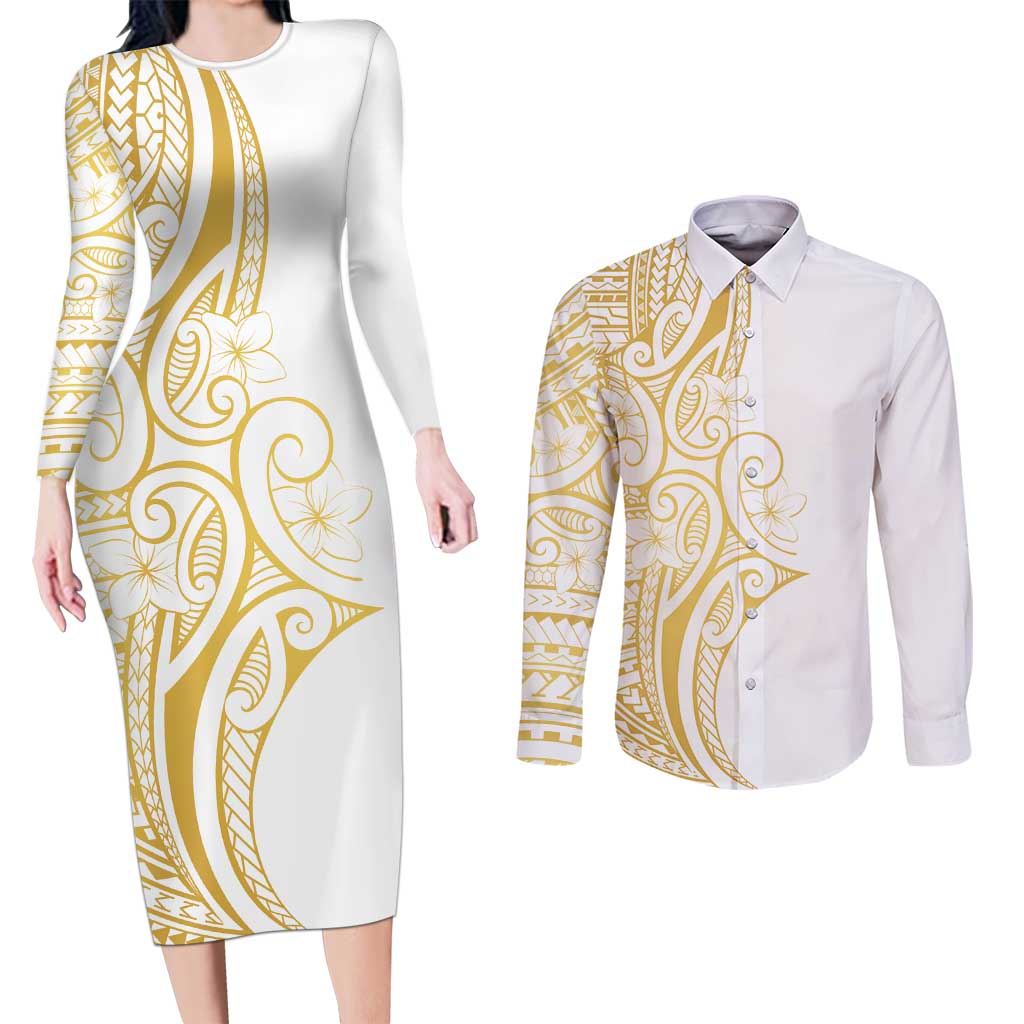 Polynesia White Sunday Couples Matching Long Sleeve Bodycon Dress and Long Sleeve Button Shirt Plumeria Polynesian Tribal Gold Color LT14 White - Polynesian Pride