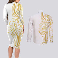 Polynesia White Sunday Couples Matching Long Sleeve Bodycon Dress and Long Sleeve Button Shirt Plumeria Polynesian Tribal Gold Color LT14 - Polynesian Pride