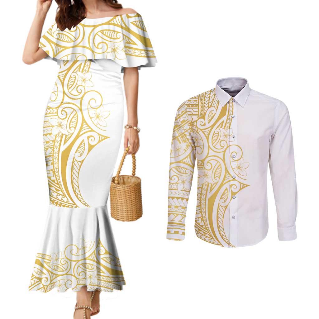 Polynesia White Sunday Couples Matching Mermaid Dress and Long Sleeve Button Shirt Plumeria Polynesian Tribal Gold Color LT14 White - Polynesian Pride