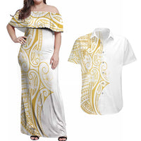 Polynesia White Sunday Couples Matching Off Shoulder Maxi Dress and Hawaiian Shirt Plumeria Polynesian Tribal Gold Color LT14 White - Polynesian Pride
