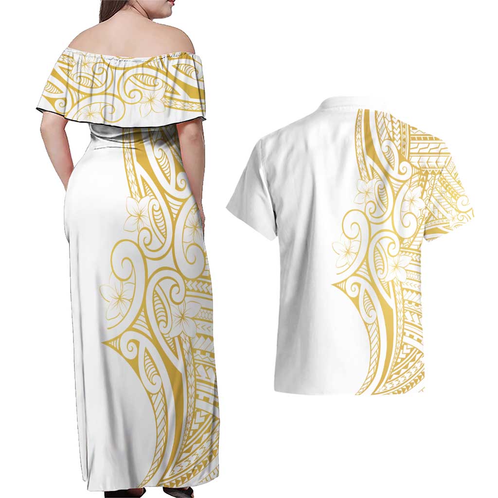 Polynesia White Sunday Couples Matching Off Shoulder Maxi Dress and Hawaiian Shirt Plumeria Polynesian Tribal Gold Color LT14 - Polynesian Pride