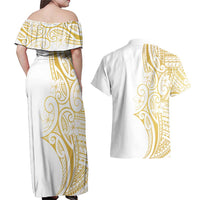 Polynesia White Sunday Couples Matching Off Shoulder Maxi Dress and Hawaiian Shirt Plumeria Polynesian Tribal Gold Color LT14 - Polynesian Pride