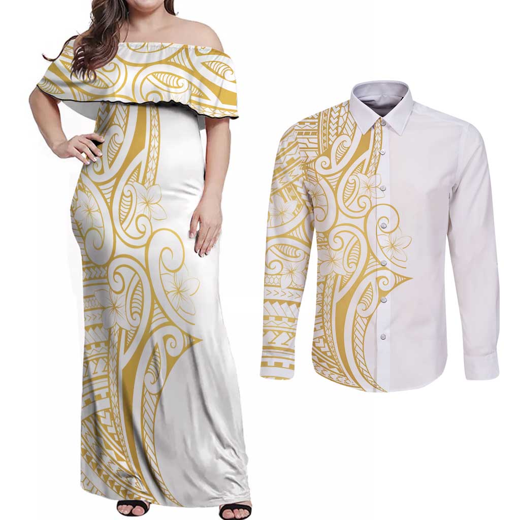 Polynesia White Sunday Couples Matching Off Shoulder Maxi Dress and Long Sleeve Button Shirt Plumeria Polynesian Tribal Gold Color LT14 White - Polynesian Pride