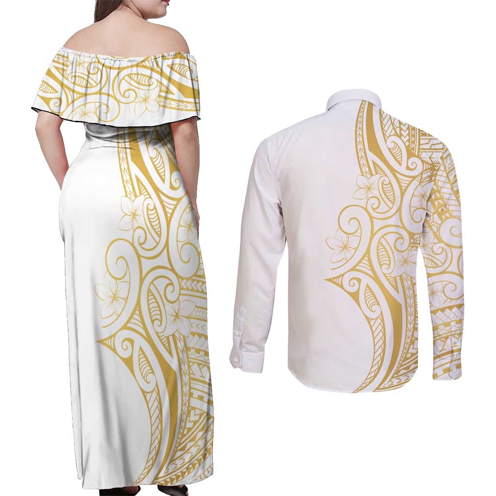 Polynesia White Sunday Couples Matching Off Shoulder Maxi Dress and Long Sleeve Button Shirt Plumeria Polynesian Tribal Gold Color LT14 - Polynesian Pride