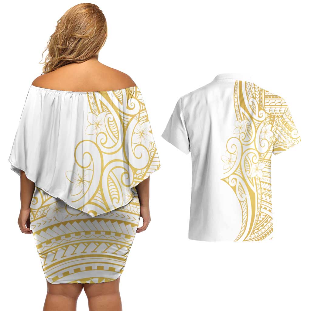 Polynesia White Sunday Couples Matching Off Shoulder Short Dress and Hawaiian Shirt Plumeria Polynesian Tribal Gold Color LT14 - Polynesian Pride