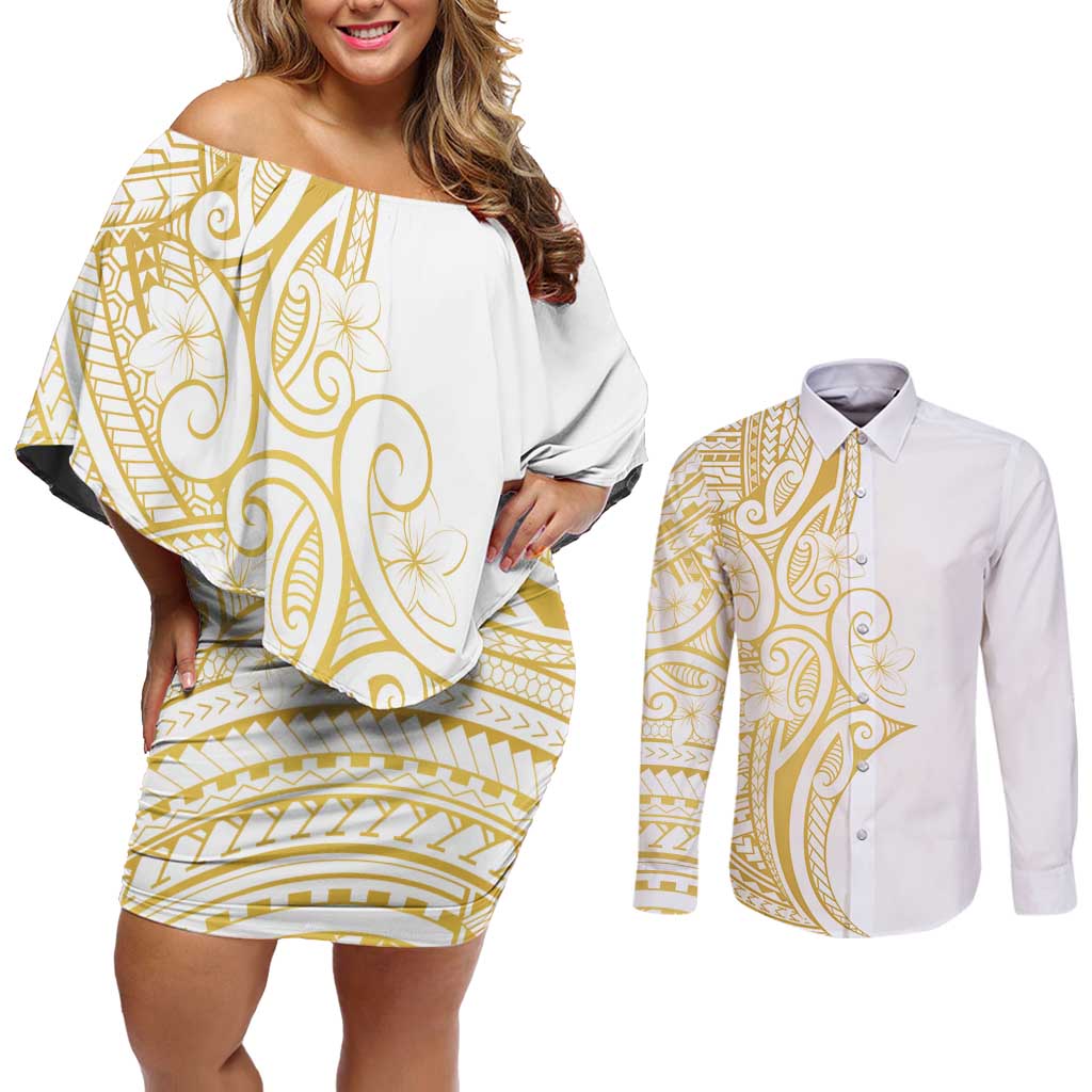 Polynesia White Sunday Couples Matching Off Shoulder Short Dress and Long Sleeve Button Shirt Plumeria Polynesian Tribal Gold Color LT14 White - Polynesian Pride