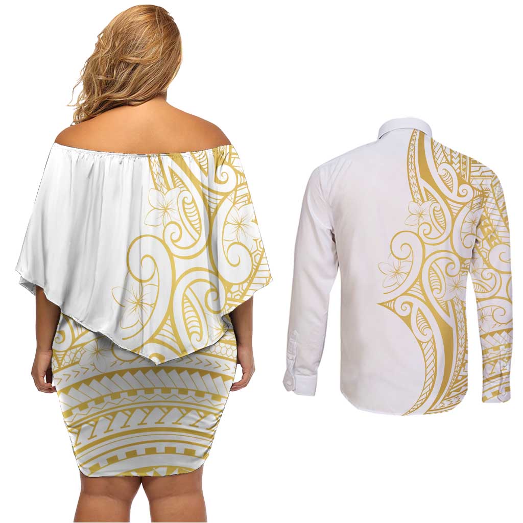 Polynesia White Sunday Couples Matching Off Shoulder Short Dress and Long Sleeve Button Shirt Plumeria Polynesian Tribal Gold Color LT14 - Polynesian Pride