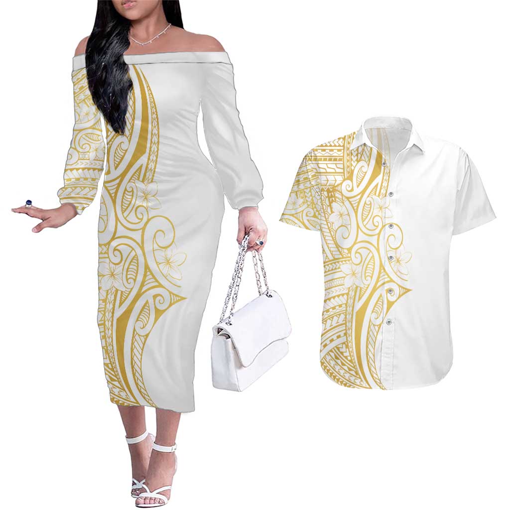 Polynesia White Sunday Couples Matching Off The Shoulder Long Sleeve Dress and Hawaiian Shirt Plumeria Polynesian Tribal Gold Color LT14 White - Polynesian Pride