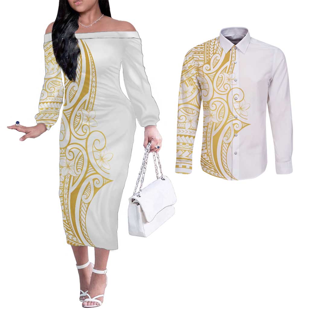 Polynesia White Sunday Couples Matching Off The Shoulder Long Sleeve Dress and Long Sleeve Button Shirt Plumeria Polynesian Tribal Gold Color LT14 White - Polynesian Pride