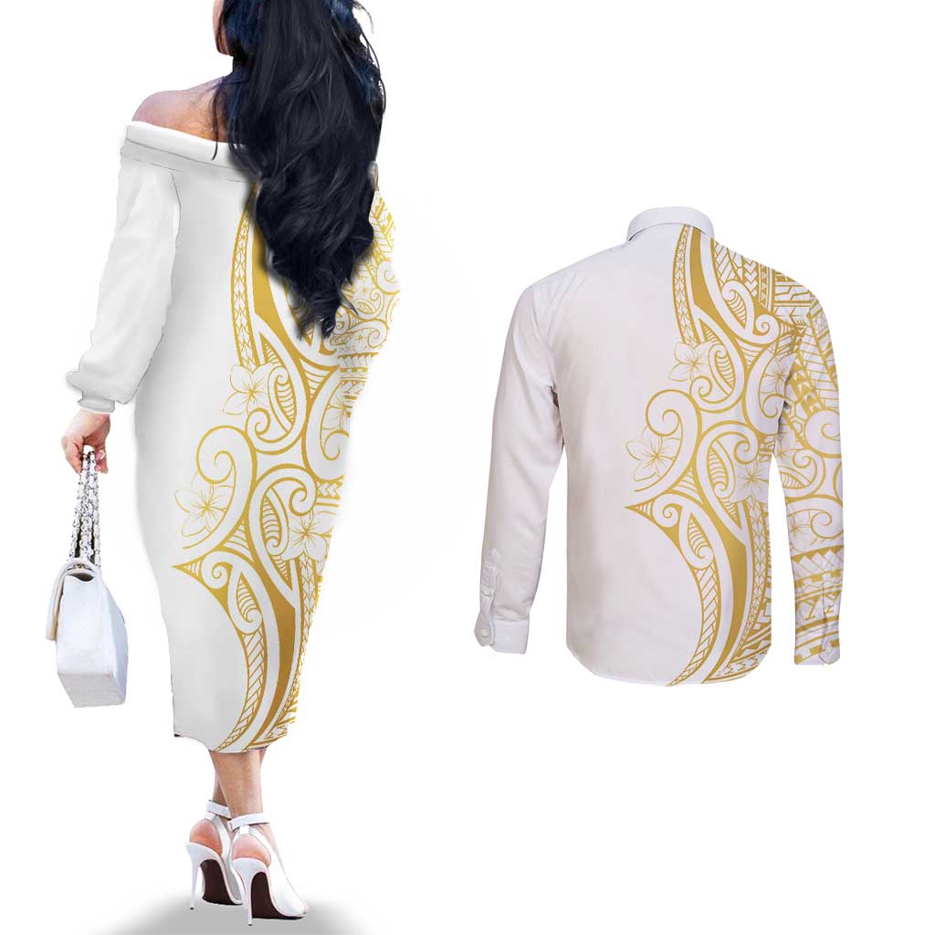 Polynesia White Sunday Couples Matching Off The Shoulder Long Sleeve Dress and Long Sleeve Button Shirt Plumeria Polynesian Tribal Gold Color LT14 - Polynesian Pride
