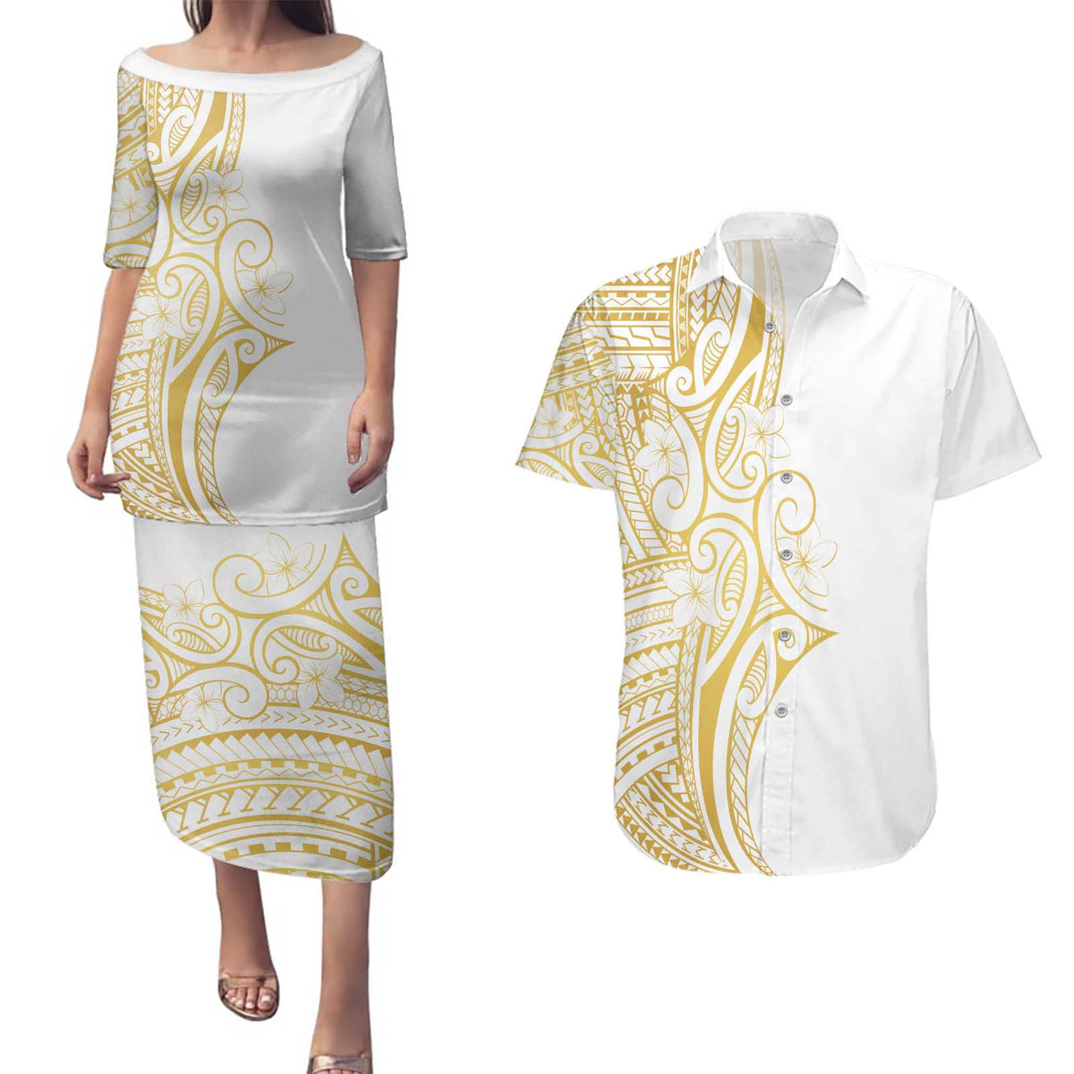 Polynesia White Sunday Couples Matching Puletasi and Hawaiian Shirt Plumeria Polynesian Tribal Gold Color LT14 White - Polynesian Pride