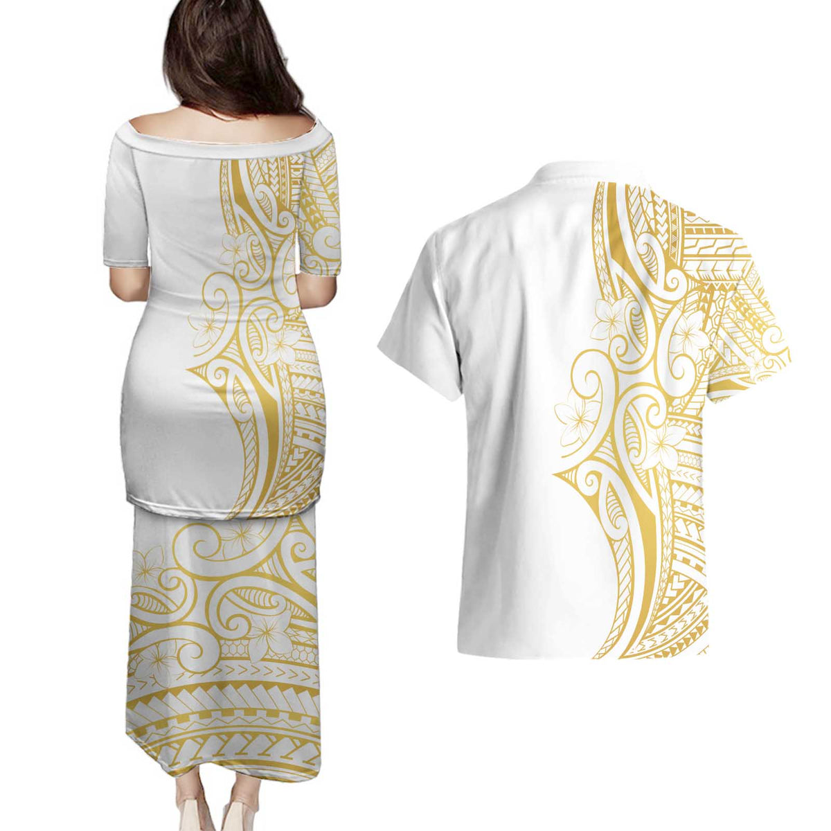 Polynesia White Sunday Couples Matching Puletasi and Hawaiian Shirt Plumeria Polynesian Tribal Gold Color LT14 - Polynesian Pride