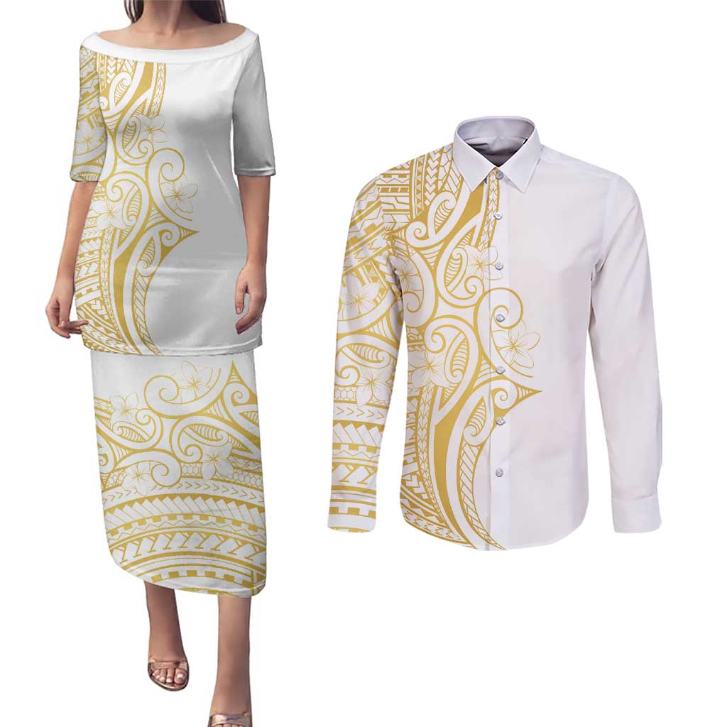 Polynesia White Sunday Couples Matching Puletasi and Long Sleeve Button Shirt Plumeria Polynesian Tribal Gold Color LT14 White - Polynesian Pride