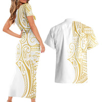 Polynesia White Sunday Couples Matching Short Sleeve Bodycon Dress and Hawaiian Shirt Plumeria Polynesian Tribal Gold Color LT14 - Polynesian Pride