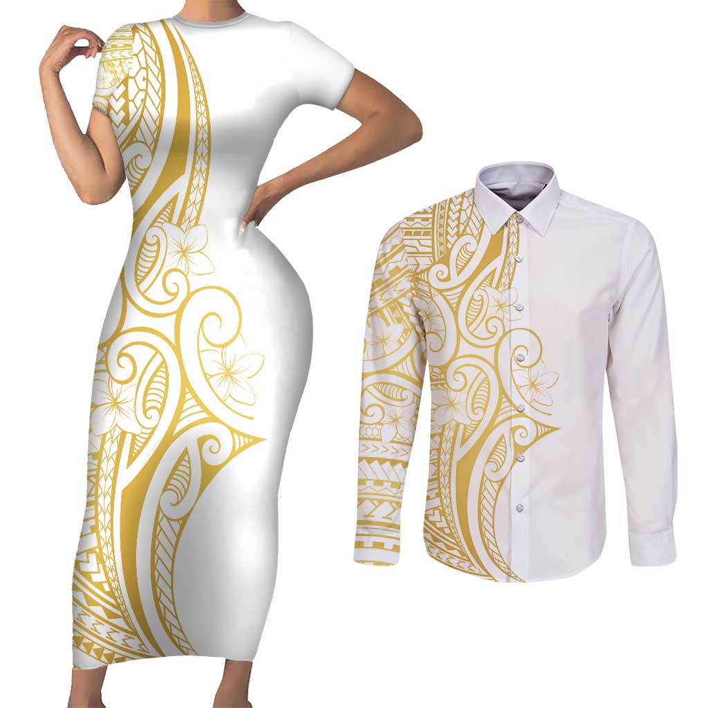 Polynesia White Sunday Couples Matching Short Sleeve Bodycon Dress and Long Sleeve Button Shirt Plumeria Polynesian Tribal Gold Color LT14 White - Polynesian Pride