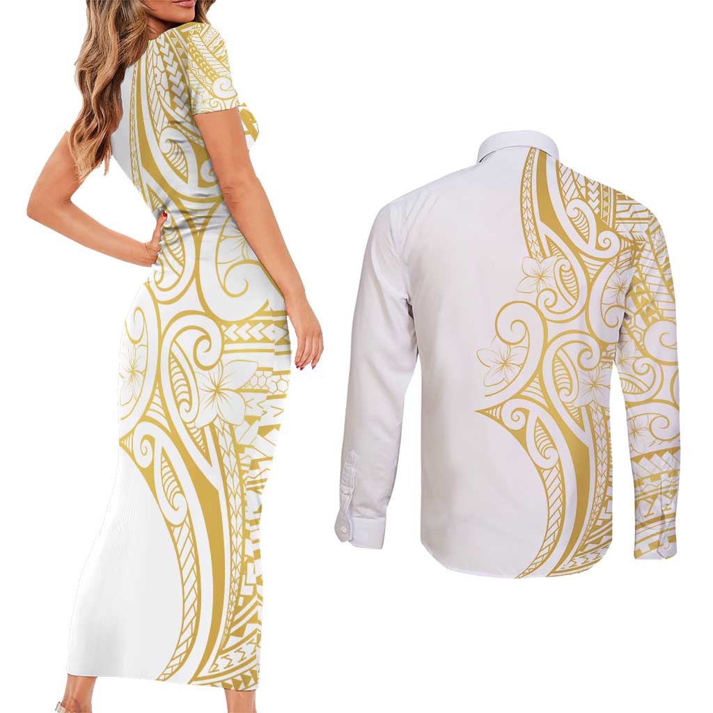 Polynesia White Sunday Couples Matching Short Sleeve Bodycon Dress and Long Sleeve Button Shirt Plumeria Polynesian Tribal Gold Color LT14 - Polynesian Pride