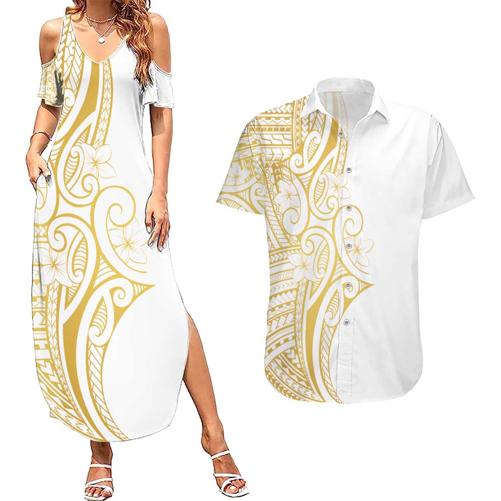 Polynesia White Sunday Couples Matching Summer Maxi Dress and Hawaiian Shirt Plumeria Polynesian Tribal Gold Color LT14 White - Polynesian Pride