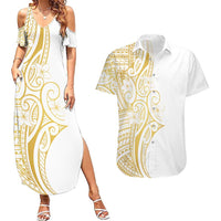 Polynesia White Sunday Couples Matching Summer Maxi Dress and Hawaiian Shirt Plumeria Polynesian Tribal Gold Color LT14 White - Polynesian Pride