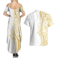 Polynesia White Sunday Couples Matching Summer Maxi Dress and Hawaiian Shirt Plumeria Polynesian Tribal Gold Color LT14 - Polynesian Pride