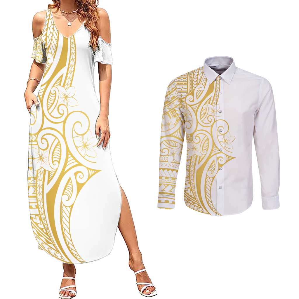 Polynesia White Sunday Couples Matching Summer Maxi Dress and Long Sleeve Button Shirt Plumeria Polynesian Tribal Gold Color LT14 White - Polynesian Pride