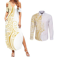 Polynesia White Sunday Couples Matching Summer Maxi Dress and Long Sleeve Button Shirt Plumeria Polynesian Tribal Gold Color LT14 White - Polynesian Pride