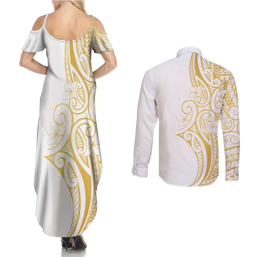 Polynesia White Sunday Couples Matching Summer Maxi Dress and Long Sleeve Button Shirt Plumeria Polynesian Tribal Gold Color LT14 - Polynesian Pride