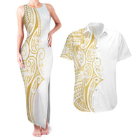 Polynesia White Sunday Couples Matching Tank Maxi Dress and Hawaiian Shirt Plumeria Polynesian Tribal Gold Color LT14 White - Polynesian Pride