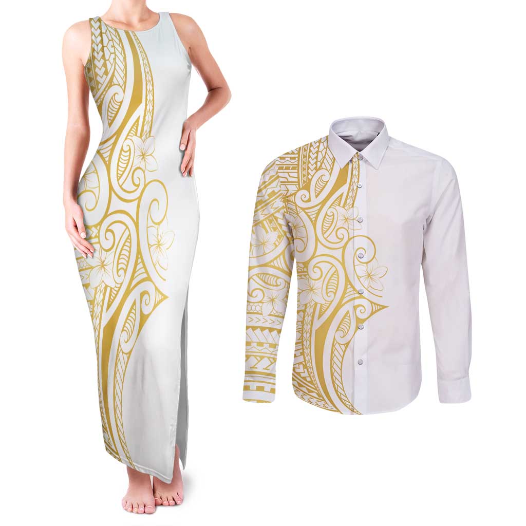Polynesia White Sunday Couples Matching Tank Maxi Dress and Long Sleeve Button Shirt Plumeria Polynesian Tribal Gold Color LT14 White - Polynesian Pride