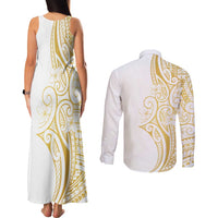 Polynesia White Sunday Couples Matching Tank Maxi Dress and Long Sleeve Button Shirt Plumeria Polynesian Tribal Gold Color LT14 - Polynesian Pride
