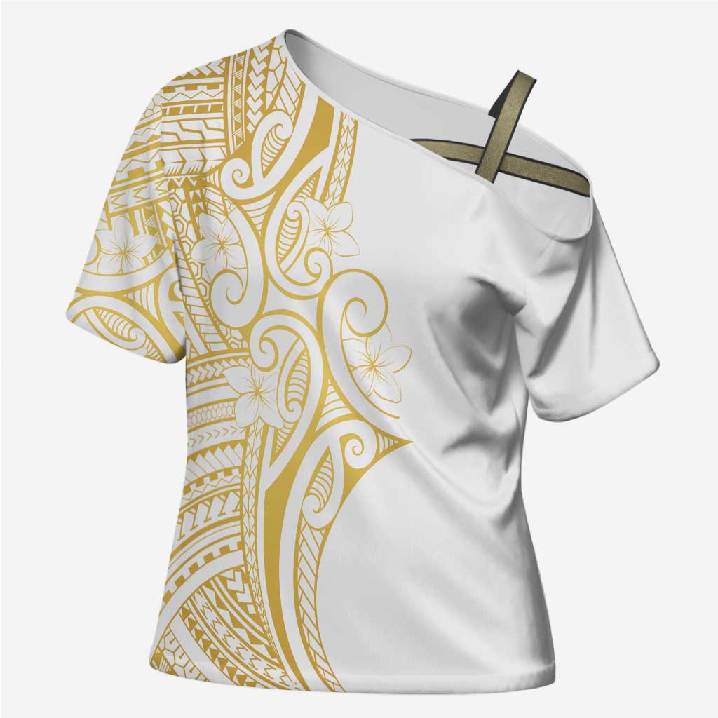 Polynesia White Sunday Cross Shoulder Shirt Plumeria Polynesian Tribal Gold Color LT14 Female White - Polynesian Pride