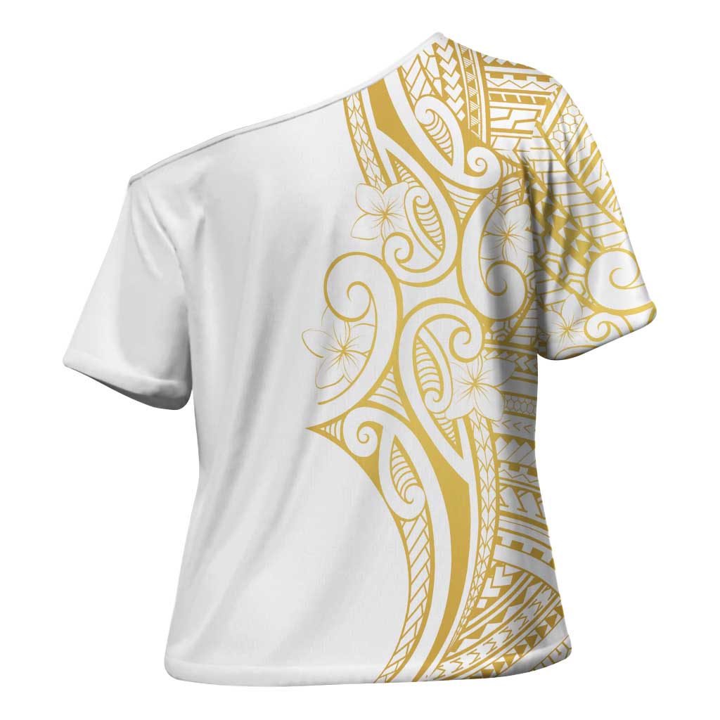Polynesia White Sunday Cross Shoulder Shirt Plumeria Polynesian Tribal Gold Color LT14 - Polynesian Pride