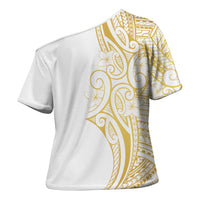 Polynesia White Sunday Cross Shoulder Shirt Plumeria Polynesian Tribal Gold Color LT14 - Polynesian Pride