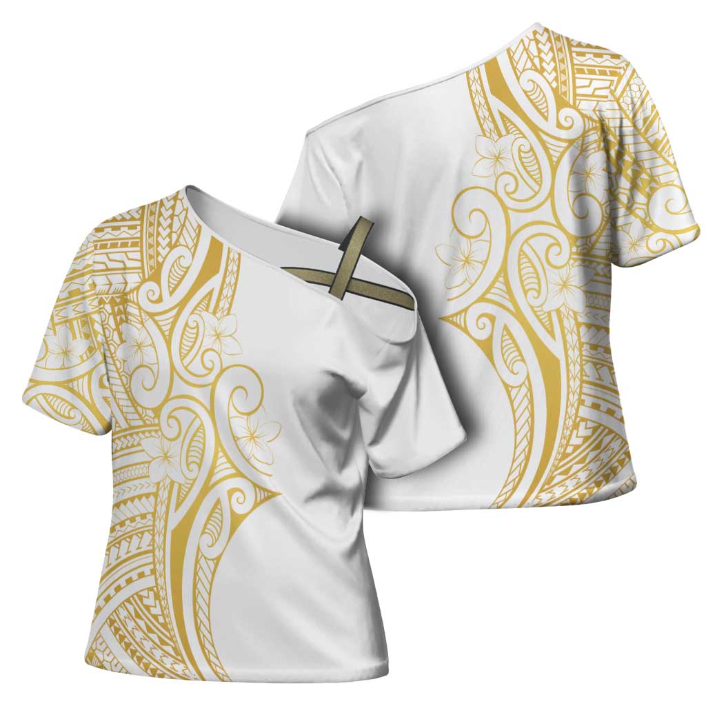 Polynesia White Sunday Cross Shoulder Shirt Plumeria Polynesian Tribal Gold Color LT14 - Polynesian Pride