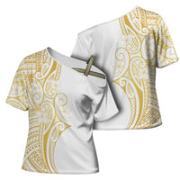 Polynesia White Sunday Cross Shoulder Shirt Plumeria Polynesian Tribal Gold Color LT14 - Polynesian Pride