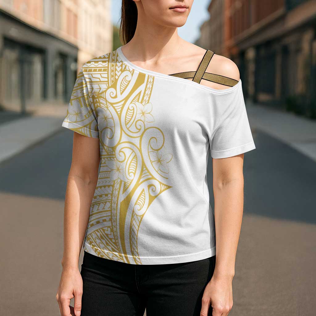 Polynesia White Sunday Cross Shoulder Shirt Plumeria Polynesian Tribal Gold Color LT14 - Polynesian Pride