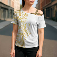 Polynesia White Sunday Cross Shoulder Shirt Plumeria Polynesian Tribal Gold Color LT14 - Polynesian Pride