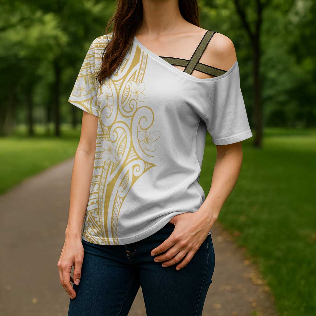 Polynesia White Sunday Cross Shoulder Shirt Plumeria Polynesian Tribal Gold Color LT14 - Polynesian Pride