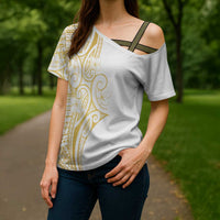 Polynesia White Sunday Cross Shoulder Shirt Plumeria Polynesian Tribal Gold Color LT14 - Polynesian Pride