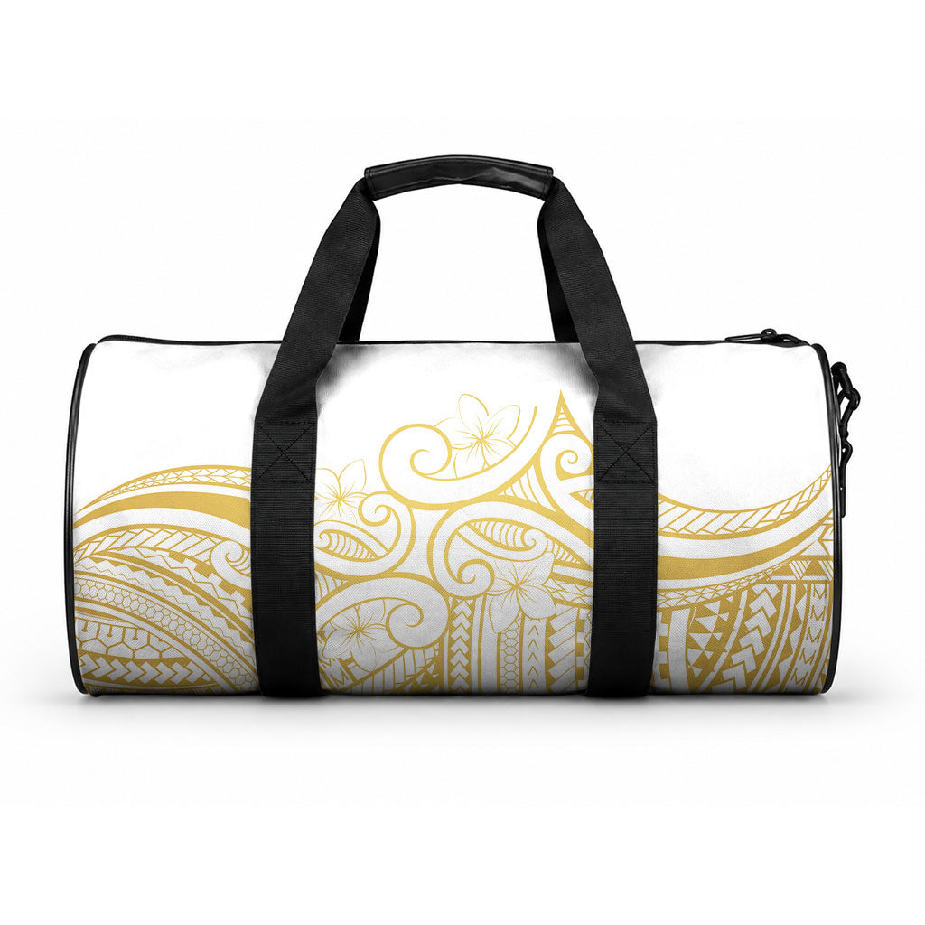 Polynesia White Sunday Duffle Bag Plumeria Polynesian Tribal Gold Color