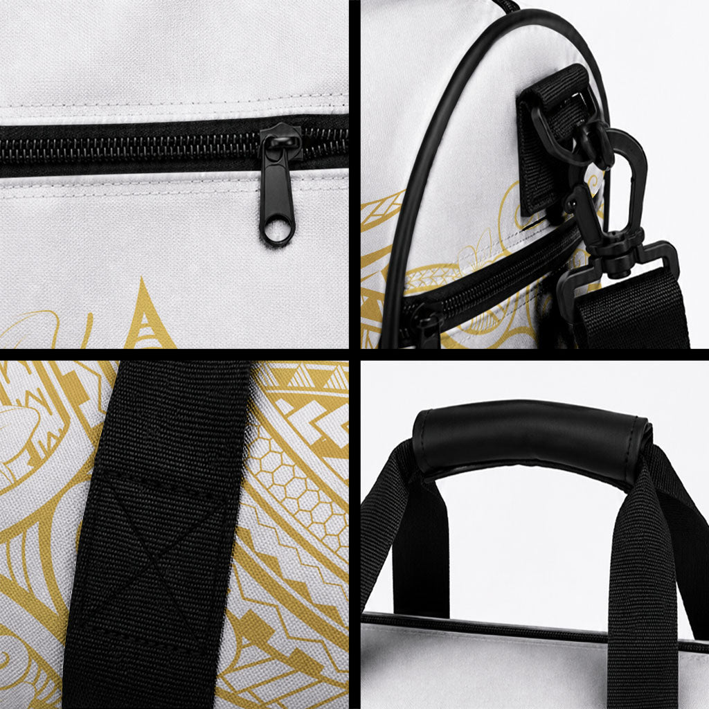 Polynesia White Sunday Duffle Bag Plumeria Polynesian Tribal Gold Color