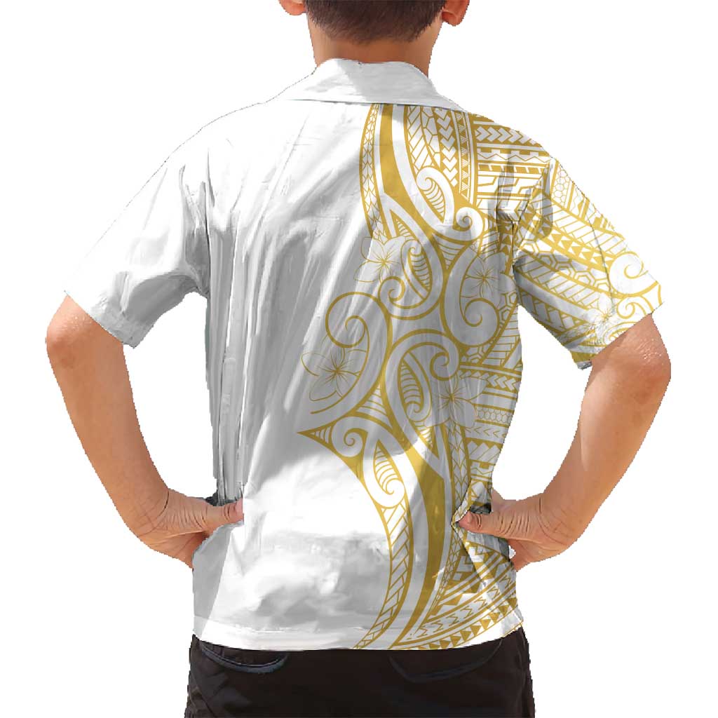 Polynesia White Sunday Family Matching Long Sleeve Bodycon Dress and Hawaiian Shirt Plumeria Polynesian Tribal Gold Color LT14 - Polynesian Pride