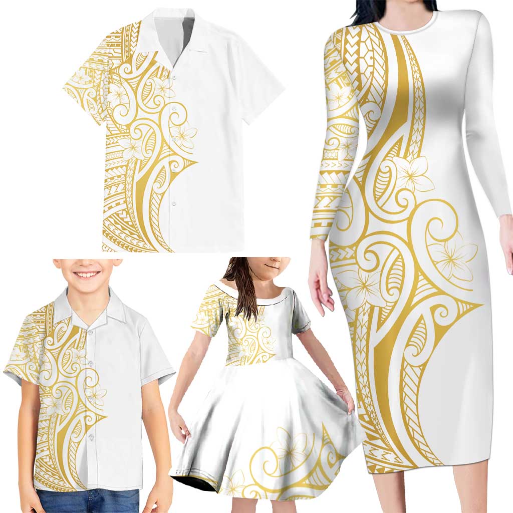 Polynesia White Sunday Family Matching Long Sleeve Bodycon Dress and Hawaiian Shirt Plumeria Polynesian Tribal Gold Color LT14 - Polynesian Pride