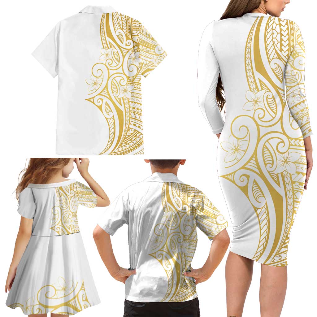 Polynesia White Sunday Family Matching Long Sleeve Bodycon Dress and Hawaiian Shirt Plumeria Polynesian Tribal Gold Color LT14 - Polynesian Pride