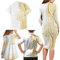 Polynesia White Sunday Family Matching Long Sleeve Bodycon Dress and Hawaiian Shirt Plumeria Polynesian Tribal Gold Color LT14 - Polynesian Pride